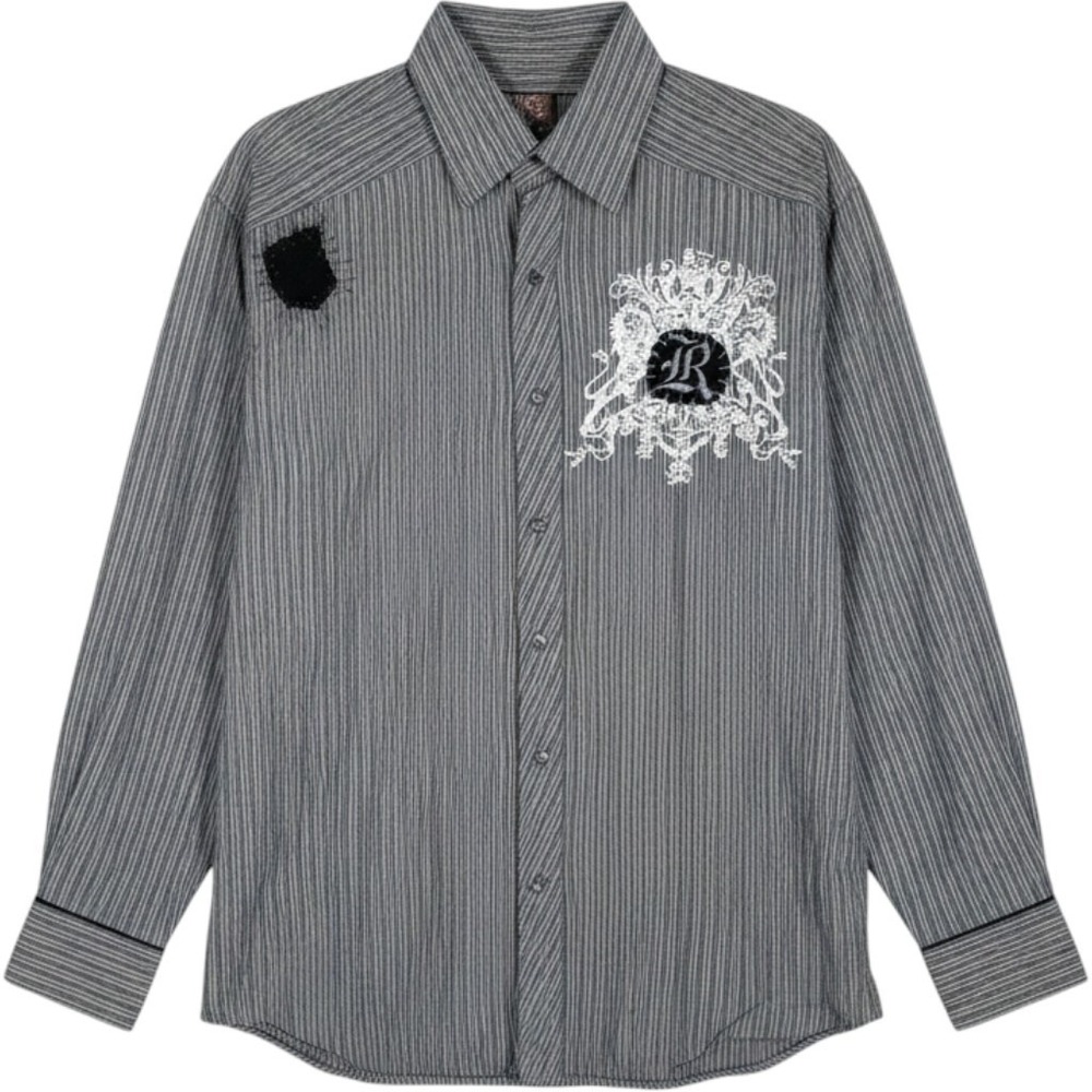 Roar Embroidered Phoenix Long Sleeve Button Up Shirt Gray Striped Mens XL